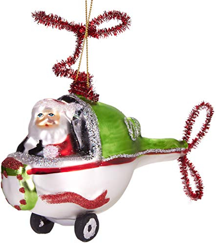 Brubaker Babbo Natale in Elicottero Verde - Palla di Natale in Vetro Dipinto a Mano - Bocca Soffiata Decorazione Dell'Albero di Natale Figure Buffo Ciondolo Decorazione Albero Palla - 11 cm