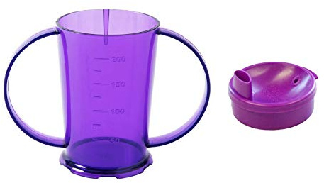 NuHorizons Healthcare Products Two Handled Graduated Beaker with Lid - Pack of 1-200ml Adult Feeder Cup - Drinking Aid (Colour Purple, Wide Spouted Lid)