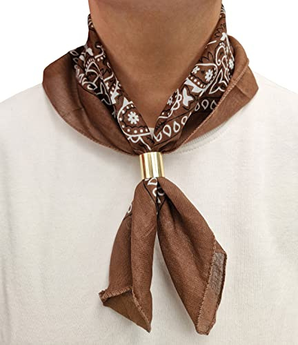 Komonee Tie Neck Ring Loop Clasp Gold Colour With Brown Paisley Bandana Head Scarf Headbands Handkerchief Cowboy Cotton Bib Party Face For Mens Womens Unisex