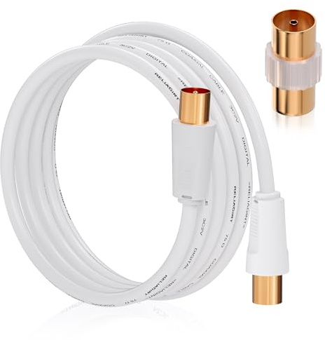 RELIAGINT TV Aerial Cable 2m, 75 Ohm Coaxial Lead, IEC 9.5mm Male to Male 3C2V Pure Copper Dual Shielded, Straight Connector, Female to Female Adaptor Included, White