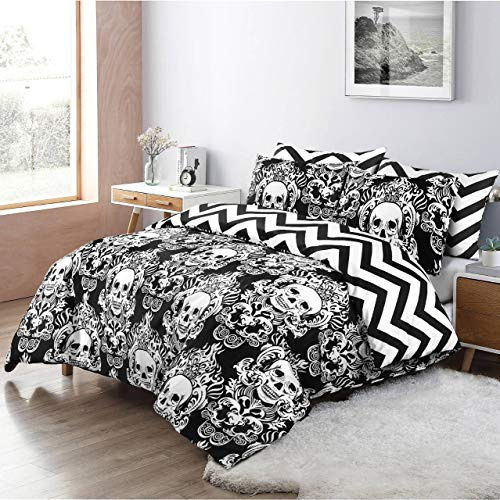 Set copripiumino in 100% cotone a 200 fili, motivo teschio gotico di Halloween, set di biancheria da letto double-face, con motivo a zig zag, per letto matrimoniale king size (super king)