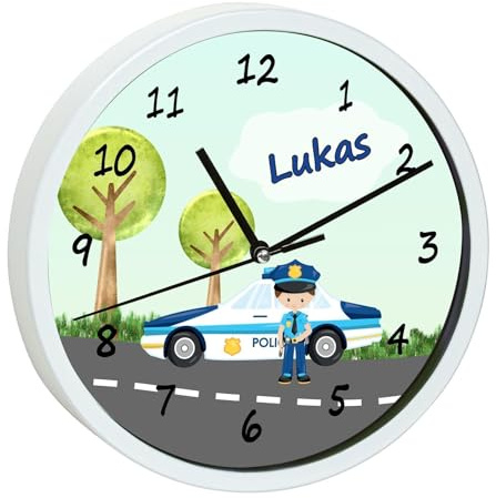 CreaDesign, Wanduhr für Kinderzimmer Polizei, Kinderuhr weiß mit Quarz Uhrwerk, personalisiert mit Name, Durchmesser 19,5 cm