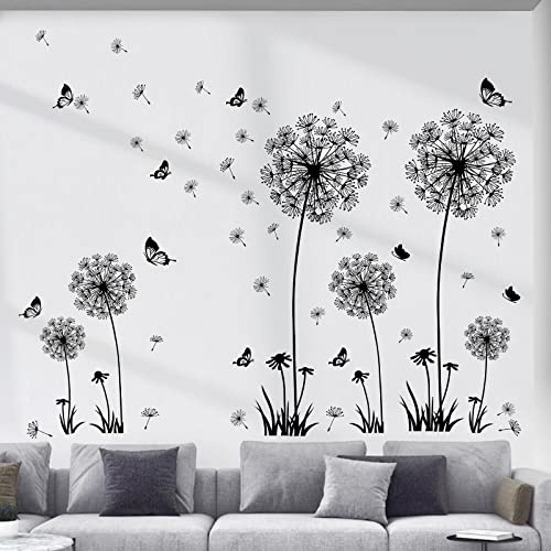 decalmile Wandtattoo Pusteblume Wandaufkleber Löwenzahn Schwar Schmetterling Wandsticker Wohnzimmer Schlafzimmer Flur Wanddeko (2 Packung)