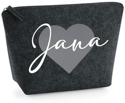 Kosmetiktasche Filz - Tasche mit Name und großem Herz - Schminktasche personalisiert - Kosmetikbeutel mit Namen - Filztasche - Geschenkidee (Dunkelgrau, M)