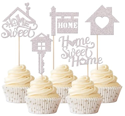Xsstarmi 30 Packung Sweet Home Cupcake Toppers Glitzer Schlüssel Einweihungsparty Cupcake Picks Süßes Zuhause Cupcake Dekoration Neues Zuhause Party Kuchendekoration Silber