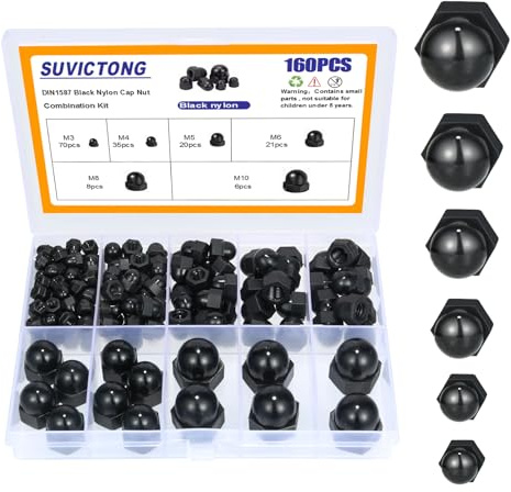 160pcs Acorn Cap Nuts,Metric Black Nylon Acorn Nuts Assortment Kit,Black Nylon Dome Acorn Bolt Cup Nuts Set for Protecting Hexagon Shaped Screws Bolts M3 M4 M5 M6 M8 M10