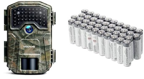 WOLFANG Fototrappola 36MP HD, Fotocamera Caccia con 38 LED a Infrarossi Invisibili 940nm & Amazon Basics Batterie industriali alcaline AA, confezione da 40