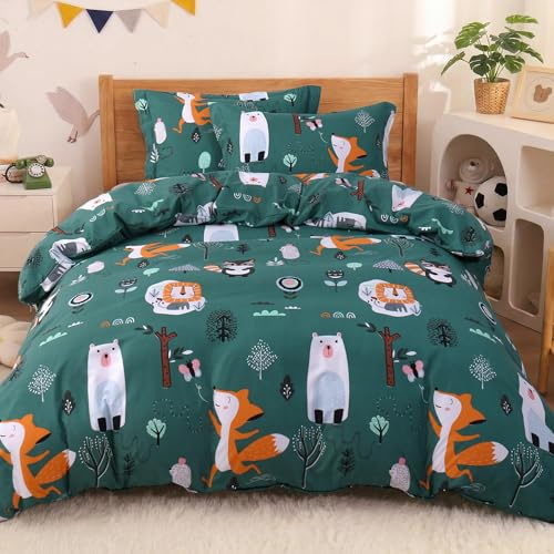JSD Green Forest Animal Kids Duvet Cover Set Twin Size