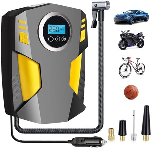 PQETBV Gonfleur Pneus Voiture Numérique Portable, 12 V Pompe à Air électrique Rapide, Gonfleur Pneus Voiture avec Affichage Digital et Lumière LED, pour Voiture, Vélo, Moto, Ballon(Jaune)