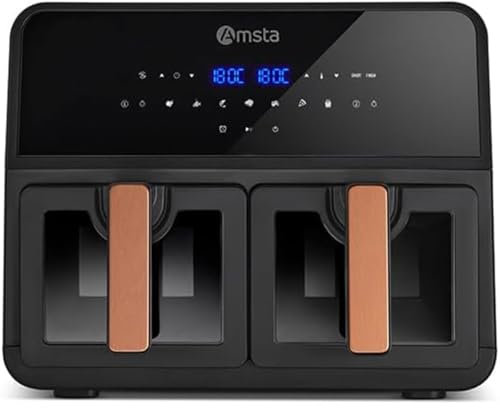 AMSTA AMDF9ADVB, Friteuse sans huile Airfryer 9L, Double cuve, Panneau contrôle digital, Minuterie, Arrêt auto, 9 programmes, Fenêtre transparente, Température réglable, 1700W