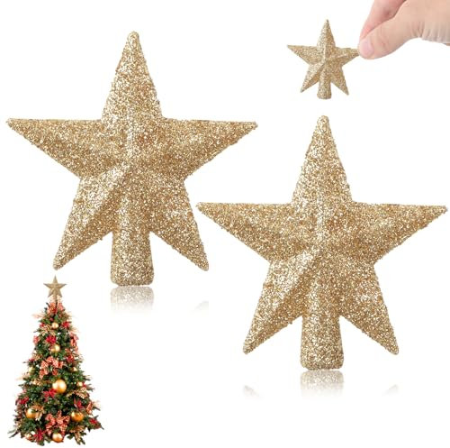2 Pcs Mini Christmas Tree Topper, Small Tree Topper Glitter Stars Xmas Tree Topper Small Christmas Ornaments Christmas Star Treetop for Xmas Holiday Party Decor ﻿(2.4 Inch)