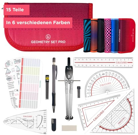 CALCUSO GEOMETRIE SET PRO in roter Federmappe/Federmäppchen mit Zirkel und Geodreieck - Praktisches Mäppchen für Schule, Uni, Büro und Zeichnungen - Ideal als Geometrie-Set für die Schule