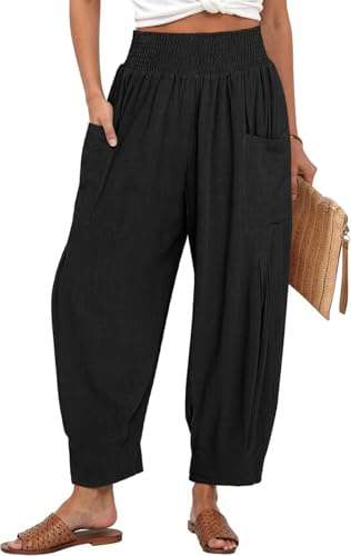 TARSE Women Linen Pants Summer Casual Loose High Waist Palazzo Harem Pants 2025 Beach Travel Vacation Outfits, Black, XL