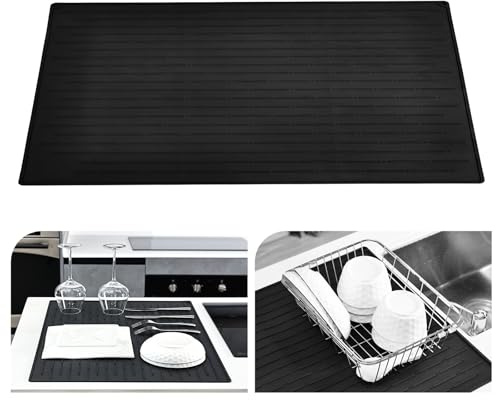 KitchenRaku Tappetino scolapiatti 51.3x71.3cm, Resistente al calore,Sottobicchieri in silicone antiscivolo, Presine, Tovaglietta, Ripiano per cucchiai (Nero)