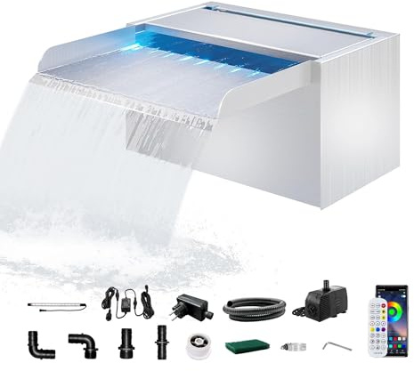 LONGRUN 23cm Teich-Wasserfall,304 Edelstahl Pool-Wasserfall mit Wasserpumpe,7 Farben Bluetooth LED Garten Brunnen