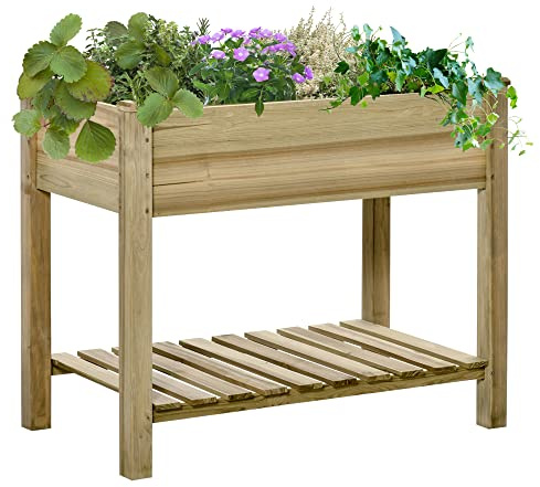 Outsunny Hochbeet mit Ablage Erhöhtes Kräuterbeet 91 x 51 x 76 cm Grün | Mit Ablauflöchern, Pflanzkasten aus Holz, Wetterbeständig, Gemüsebeet, Gartenbeet, Pflanzbeet für Garten Balkon Terrasse