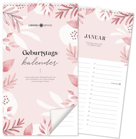 Lebenskompass® Geburtstagskalender 28 x 12cm - Wandkalender Jahresunabhängig - immerwährender Kalender für Geburtstage & andere Termine - Dauerkalender (Rosa)