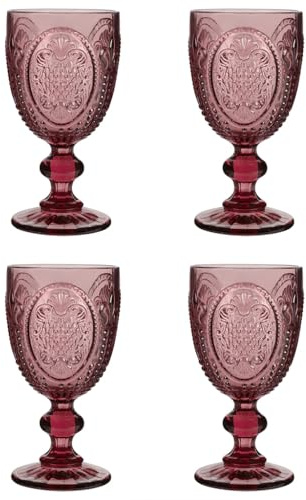 Dibor Wine Glasses Set of 4 Vintage Style Wine Goblet Glassware Set (Pink)