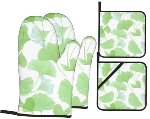 Ofenhandschuhe und Topflappen-Set, gestreift, grün, Gingko, hitzebeständig, Küchen-Backhandschuhe, rutschfeste Oberfläche zum Kochen, Backen, Grillen, Grillen