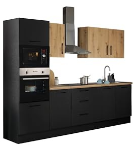 TURIN ZBM Küchenzeile ohne Küchengeräte Küche Artisan Eiche Optik Schwarz | 280 x 211 x 60 cm (B/H/T), Küche ohne Elektrogeräte, Einbauküche ohne Geräte, geräumig, mit viel Stauraum, modernes Design