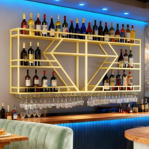 SPTZQURY Botellero de Vino de Pared, Grande Estante de Vino Decorativo Industrial de Metal con Portavasos para Copas, Estante Flotantes para Exhibición De Vinos Botellero para (Gold, 3 Tier,200cm)
