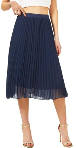 Soudittur Jupe Plissée en Chiffon Léger Femme, A Ligne Jupe Mi Longue Taille Élastique- Fluide et Vaporeuse pour Bureau, Plage & Soirée d'Été (S, Bleu Marine)