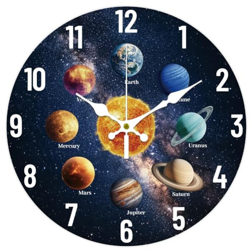 CHGCRAFT 12 pulgadas sistema solar reloj de pared cielo estrellado batería operado silencioso sin tictac tierra redondo reloj decorativo para oficina casa cocina decoración
