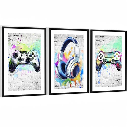 Novart Wandbilder mit Rahmen Spielkonsole Gamer - Spielzimmer Jungen Teenager Wanddeko - 3 Bilder Set Weiß - N138736aR2
