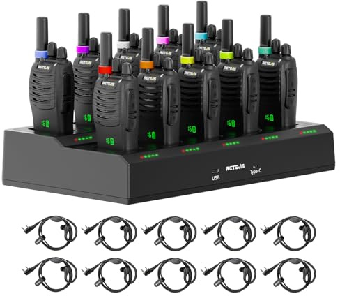 Retevis H777H Walkie Talkies, Two Way Radio with Screen, Walkie Talkies for Adults with 10 Way Charger, USB-C, PMR446 Professional 2 Way Radio with Earphone for Commercial, Security (Black, 10 Pcs)