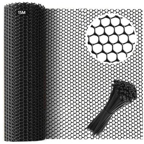 Plastic Chicken Wire Mesh Roll with 100 Pcs Fixed Straps, 40cm×15m Plastic Mesh Fencing Poultry Breeding Netting Garden Fencing Netting for Plant Protection (Black, 8mm Holes)
