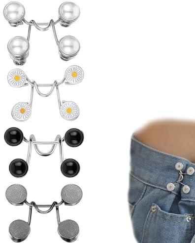 sundrerfect 4er Set Hosen-Clips zum Engermachen – Ohne Nähen, Wiederverwendbare Hosenknöpfe für Jeans & Röcke, Taillengürtel-Ersatz, Verstellbar (5-20 cm), 4 Stile
