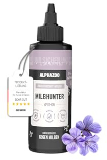 alphazoo Milbhunter Spot-On für Hunde 100ml - mit Eukalyptusöl & Geraniol. Wirkt effektiv gegen Milben & pflegt die Haut. Natürlicher, hautfreundlicher Schutz vor Milbenbefall, alkoholfrei & sanft
