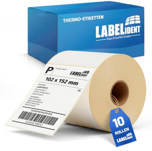 Labelident Versandetiketten (102 x 152 mm) - 4.750 Thermoetiketten 4 x 6 Zoll auf 10 Rollen 25 mm Kern | Selbstklebende Thermodirekt-Labels mit Trägerperforation für DHL, DPD, Fedex, Hermes, UPS