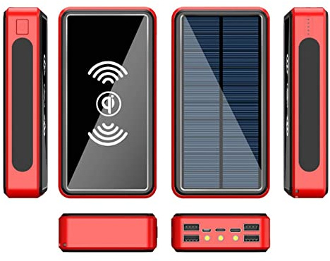 Power Bank wireless/solare/grande capacità 30000 mAh/ricaricabile a energia solare/cellulare portatile, rosso