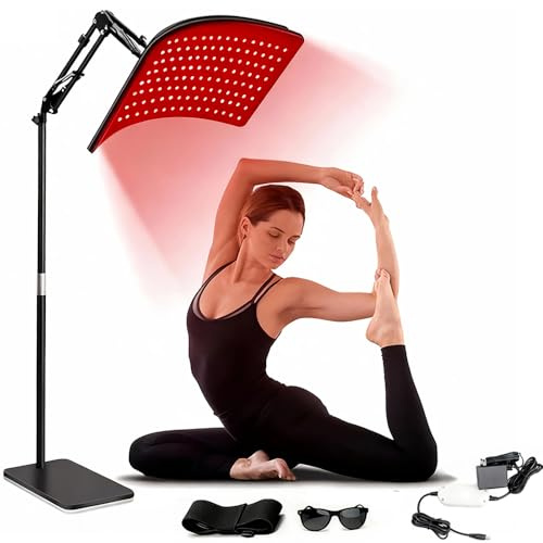Lampada a Infrarossi Professionale 120 LED-Altezza Regolabile 40-140cm,5 Livelli Luminosi,Timer,Design rotante 360° con Occhiali Protettivi&Supporto staccabile Per lenire imuscoli del viso e del corpo