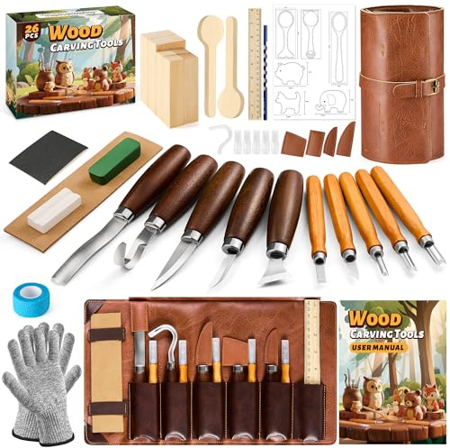FANTICDE Schnitzwerkzeug Holz Schnitzset für Anfänger,28 teiliges Schnitzmesser Set - HolzSchnitzset Carving Kit mit Anleitung,Handschuhe,Lindenholz,Schnitzlöffel Holzblöcke für Kinder Erwachsene (28)