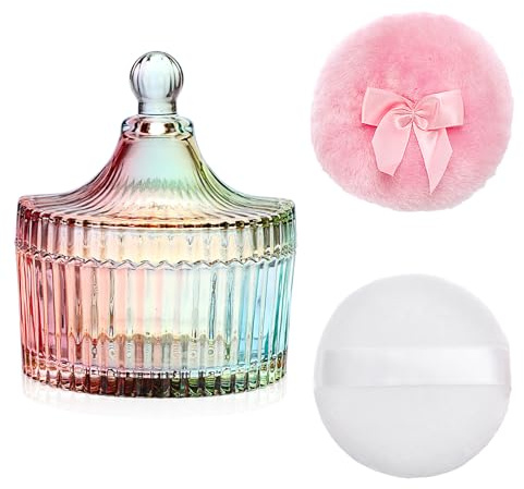 OLegei Boite à Poudre Vide en verre Contenant pour poudre libre - D10cm | poudrier avec 2 houppettes lavables et réutilisables, Pour femme, Outil de maquillage, multicolore