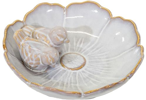 Fachhandel Plus Vogeltränke Keramik Fleur, blütenförmiges Vogelbad mit 2 Deko Vögeln, glasiert und wetterfest für Garten Balkon Terrasse Hochbeet (Perle 23 cm)