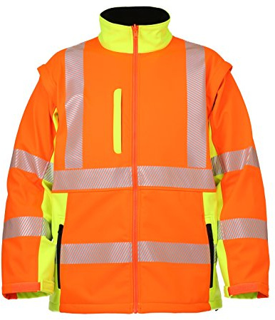 LeiKaTex Warnschutz-Softshelljacke mit Stehkragen und abnehmbaren Ärmeln (M, Orange/Neongelb) Funktionsmaterial, Taschen, Reflexstreifen, Kinnschutz, Winter Arbeitsjacke Warnschutzjacke EN 20471