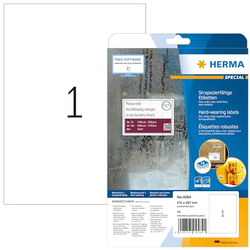 HERMA 4584 Wetterfeste Folienetiketten, 10 Blatt, 210 x 297 mm, 1 pro A4 Bogen, 10 Stück, selbstklebend, bedruckbar, matt, blanko Klebeetiketten Aufkleber aus Folie, weiß