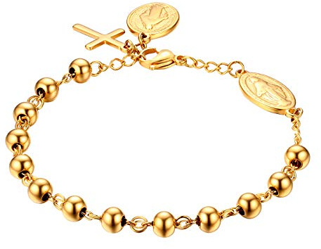 JewelryWe Schmuck Rosenkranz Armband Edelstahl Jungfrau Maria Katholischen Heiligen Gottes Mutter Kreuz Anhänger Perle Kugelkette Armreif Armkette für Herren Damen Silber/Gold/Silbergold
