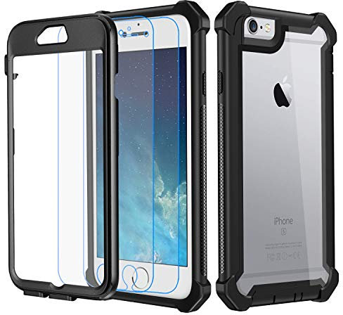 Garegce Coque Compatible avec iPhone 6 / 6s, 2 Pack Protecteur d'écran en Verre Trempé, Transparente PC et TPU Antichoc, 360 Anti Chute Protection Compatible avec iPhone 6, 6s - 4.7pouces - Noir