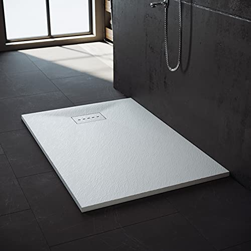 SONNI Duschwanne, Weiß, 100x80 cm, 32 mm Flach, SMC, Schieferoptik | Weißes Duschwanne, Rutschfeste Struktur, Schieferoptik, Superflach, Alle Größen verfügbar, Inklusive Siphon