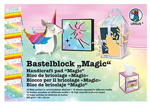 Ursus 12690010 - Bastelblock Magic, ca. 24 x 34 cm, 16 Blatt in 4 verschiedenen Motiven, 300 g/qm, durchgefärbt, aus Frischzellulose, mit hoher Farbbillanz und Lichtbeständigkeit