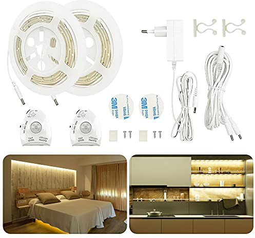AveyLum LED Bettlicht mit Bewegungsmelder, Warmweiß Bett Lichtleiste Nachtlicht Streifen Dimmbar Bewegungssensor Licht Leiste Baby Beleuchtung, 2x 1.5M