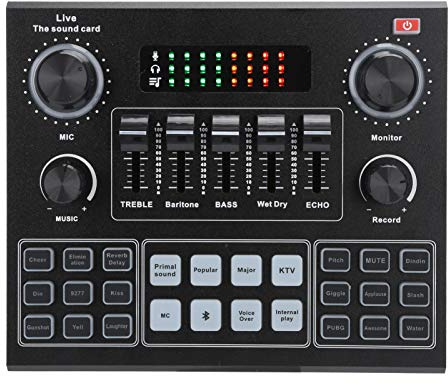 Carte Son de Table de mixage Audio, V9 Metal Type Bluetooth Jeux pour Ordinateur Diffusion en Direct Audio réglable Changeur de Voix Carte Son karaoké, 16 Sons pour/Smartphone