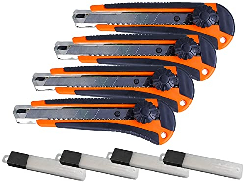LEDLUX 4 Kit Taglierino Cutter Professionale 18mm Con Anello Di Fissaggio + 20 Lame Taglierino di Ricambio (Con 20 Lame Ricambio)