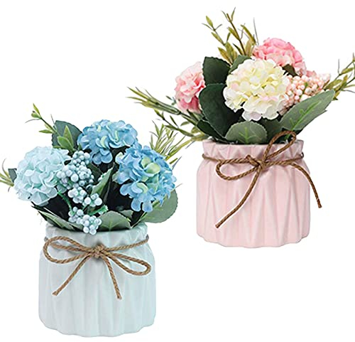 Lostwry 2 Stück Künstliche Blumen im Topf Kunstblumen Pflanzen zur Dekoration Hortensien Seidenblumen Blumensträuße mit Keramikvase Kunstpflanze deko für Home Party Hochzeit Tischdekoration