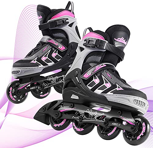 Hikole Verstellbare Inline-Skates für Erwachsene Frauen Männer Teens Inline-Rollschuhe für Outdoor Indoor-Klingen Rollschuhe für Mädchen und Jungen, 6065, Rosa, XL(EU 41-44)