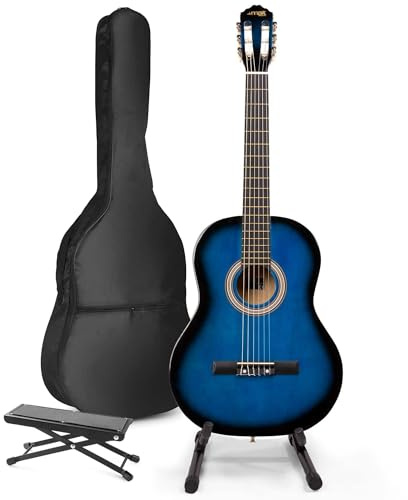 MAX SoloArt Konzertgitarre 4/4, Akustik Gitarre für Anfänger mit Tasche, Gitarrenständer, Stimmgerät, Plektrum, Gurt und Zubehör, Fußstütze, Acoustic Guitar, Akustikgitarre in Blauw